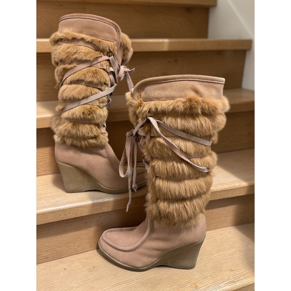 Arleen C Size 8 Suede Sheepskin Rabbit Fur Ski Wedge Boots Tan Knee High Winter